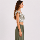 LALA TOP – Floral Print Blouse – White & Olive