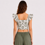 LALA TOP – Floral Print Blouse – White & Olive